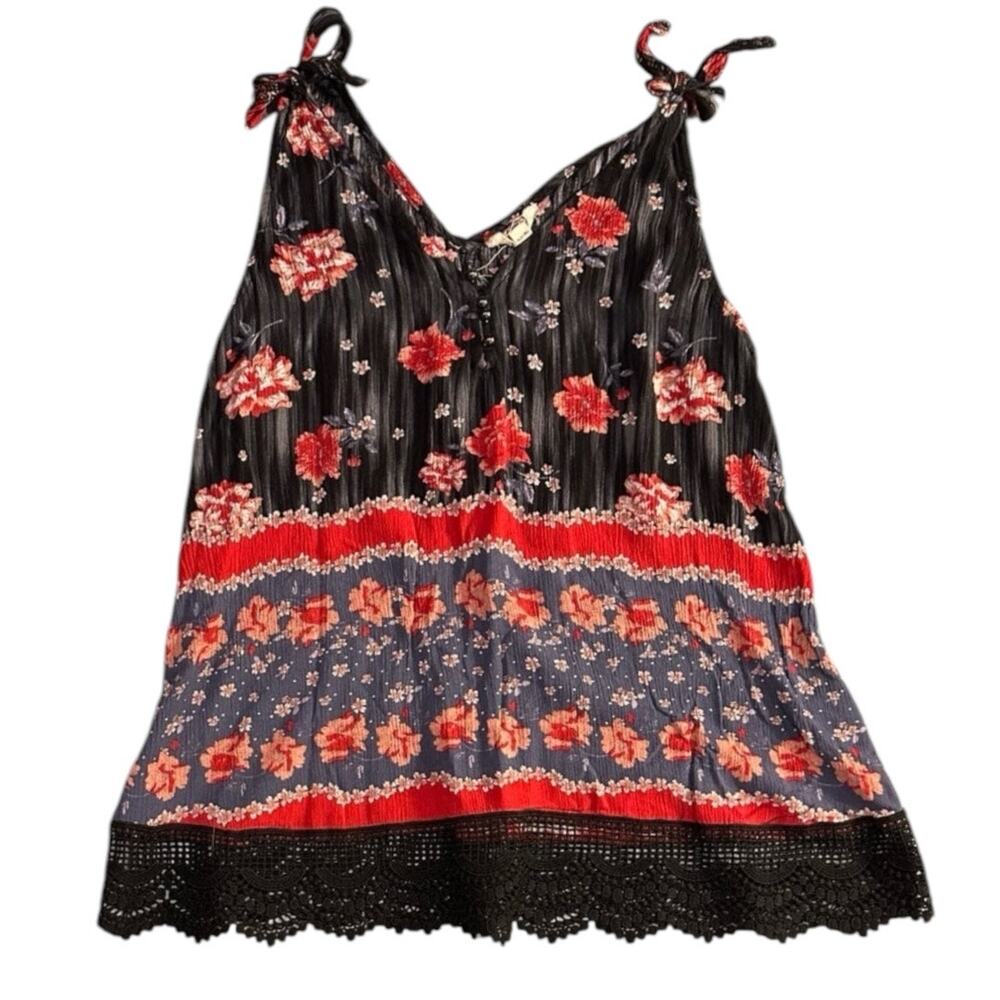 Free World Navy Blue & Red Floral Boho Tank Blouse